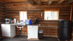 Une cuisine compacte avec des murs en bois, un four à micro-ondes, un évier, une machine à café et un réfrigérateur.