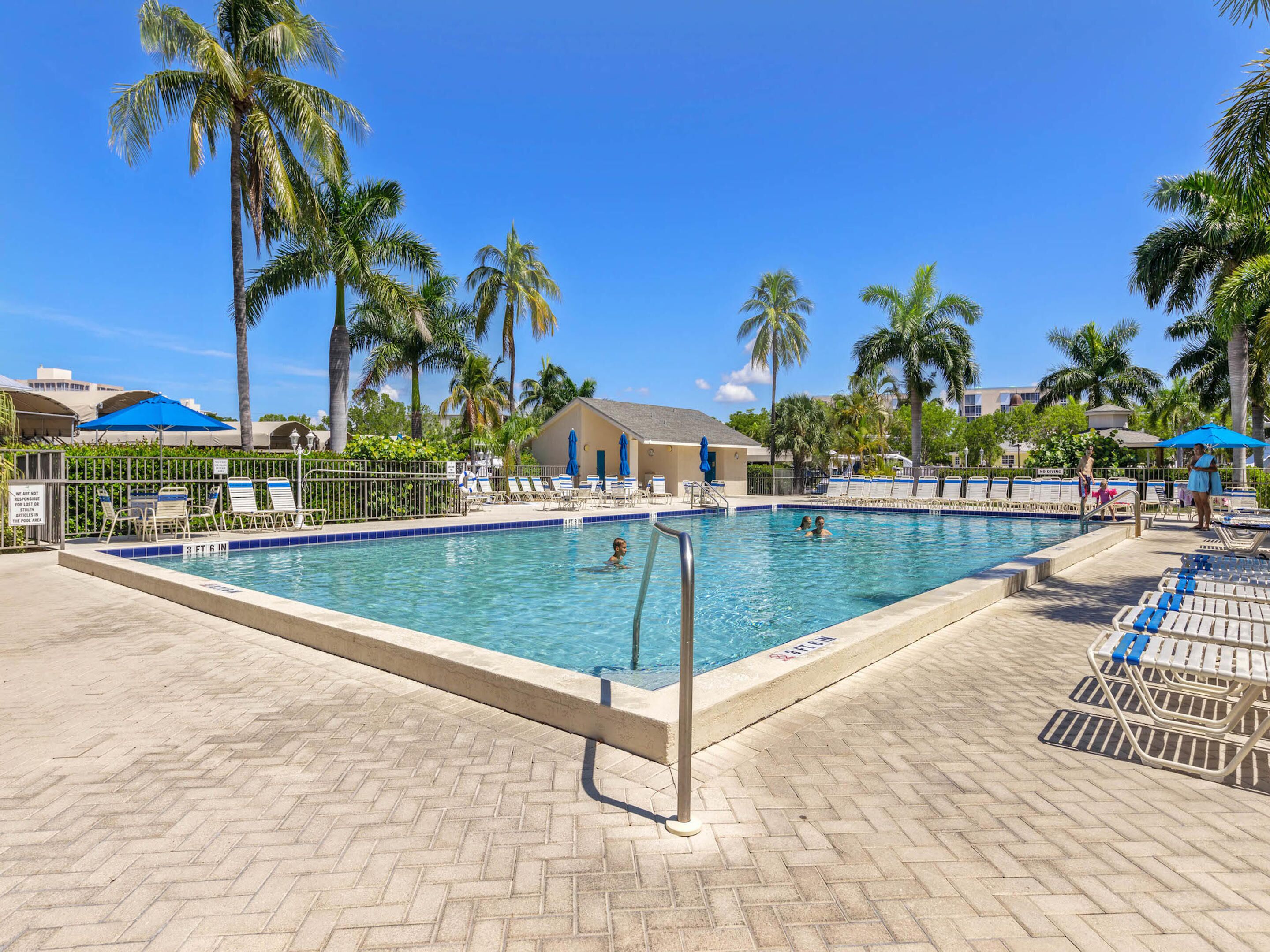 A swimming pool with lounge chairs and umbrellas, surrounded by palm trees and a clear sky.