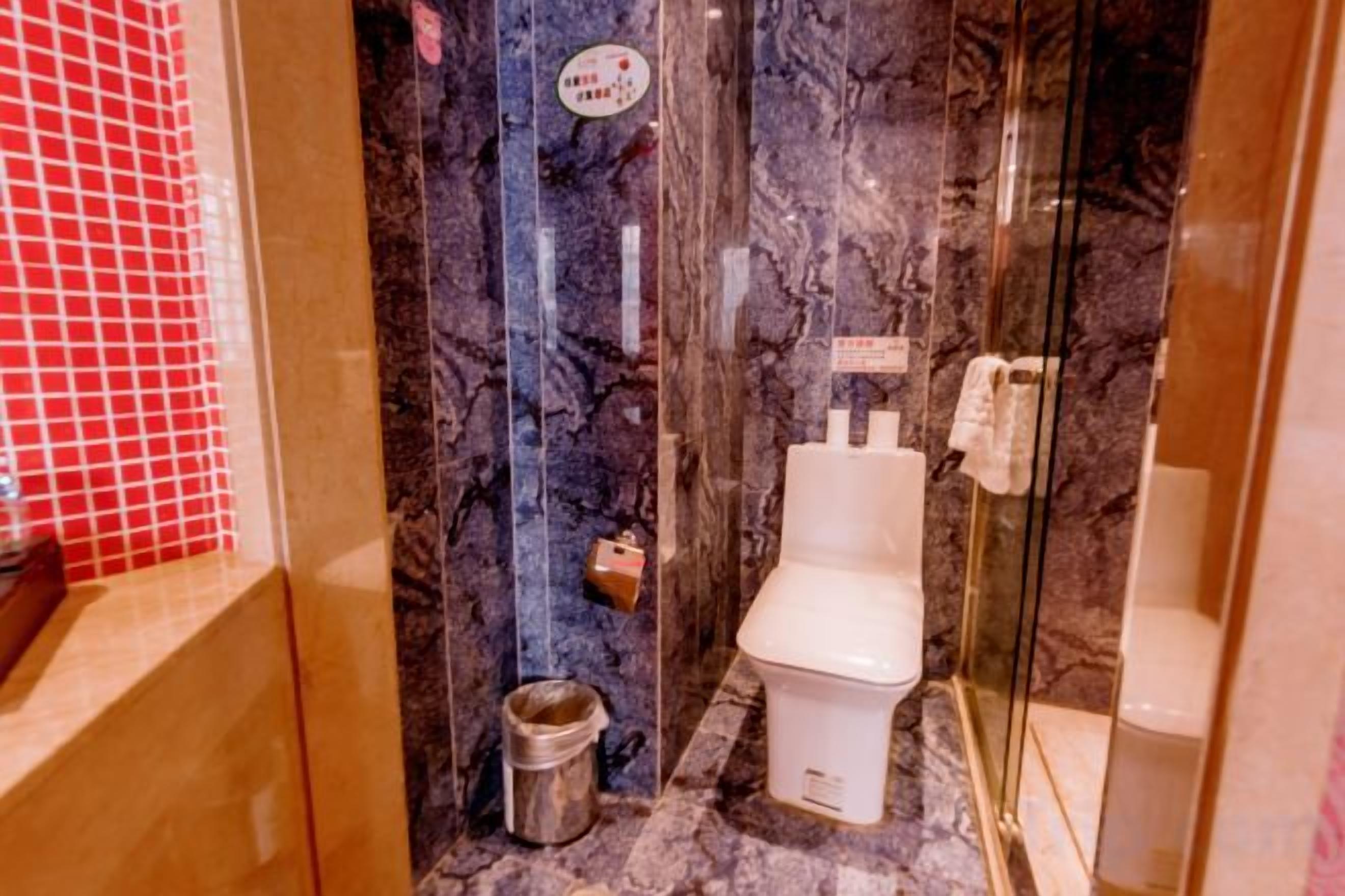 Een badkamer met een marmeren wand, een wit toilet, een douchecabine van glas en een kleine prullenbak.