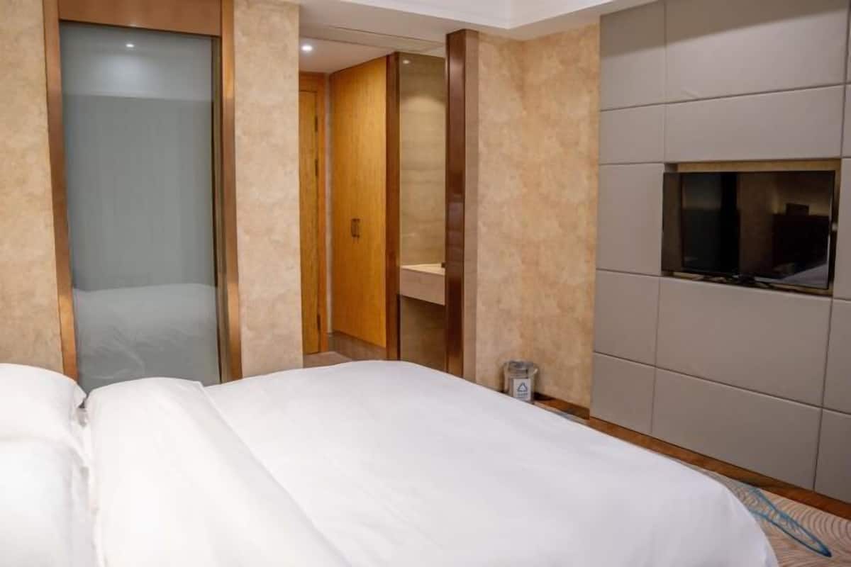 A hotel room with a bed, a wardrobe, and a television.