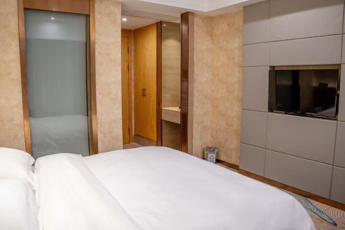 A hotel room with a bed, a wardrobe, a television, and a trash bin.
