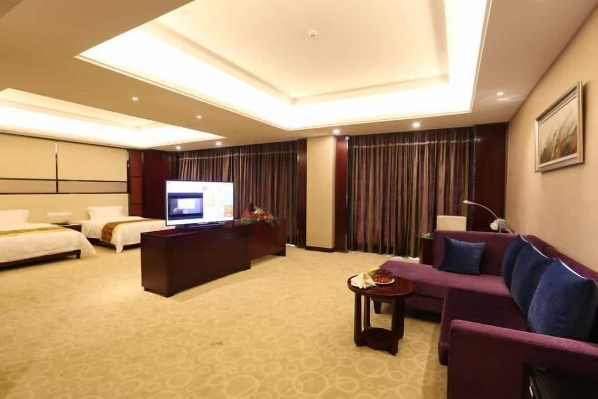 A hotel room with a large bed, a sofa, a TV, and a desk with a computer.