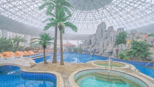 An indoor swimming pool with multiple sections, palm trees, and a rock wall. - Shenghao Seasons Hotel (Huimin)