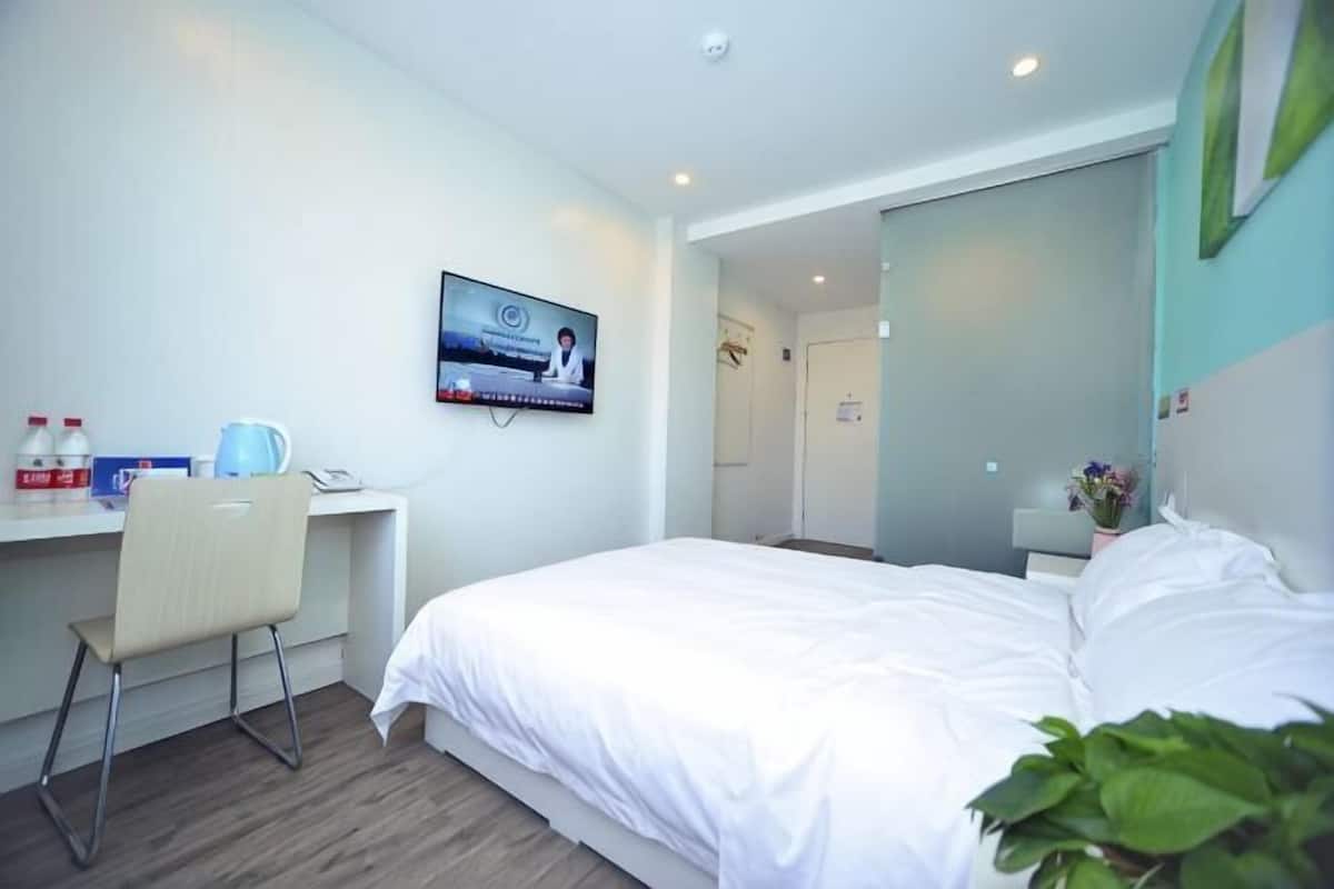 Une chambre d’hôtel comprenant un lit, un bureau, une chaise, un téléviseur et une plante.