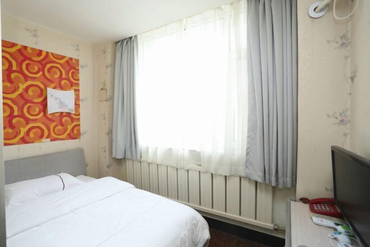 A hotel room with a bed, a desk with a telephone and a television, a radiator, and a window with curtains.