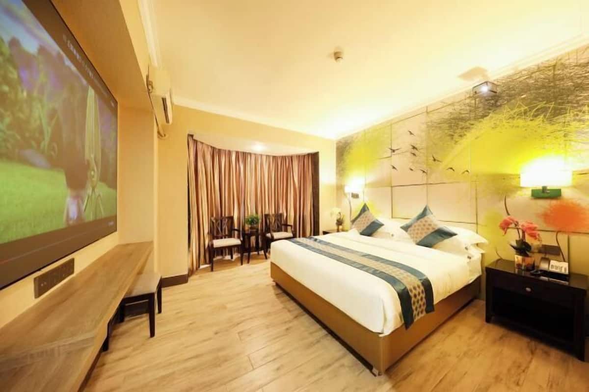 A hotel room with a large bed, a television on the left, a desk with a chair, and a wall with a mural.