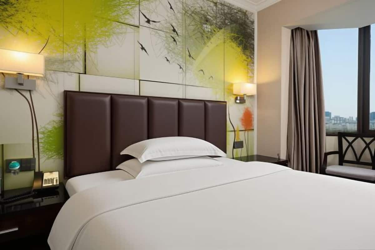 A hotel room with a large bed, a nightstand with a lamp, a wall-mounted artwork, and a view of the city through a window.
