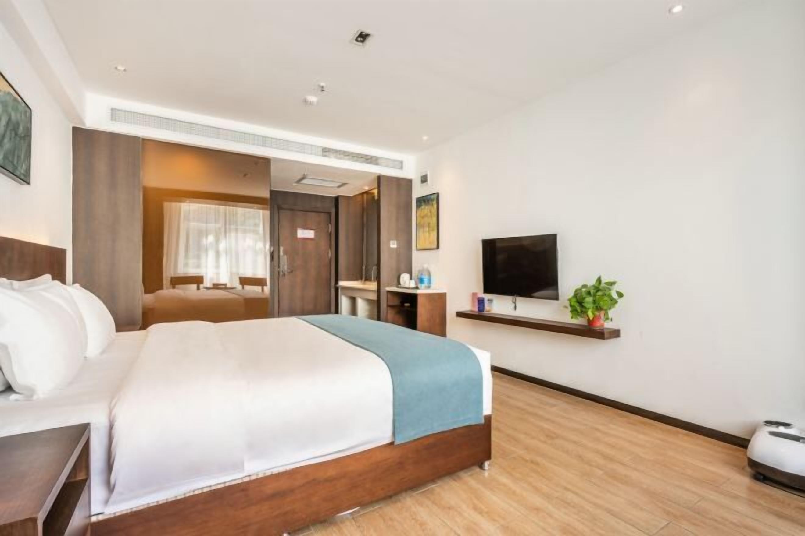 Una habitación de hotel con una cama grande, televisión, escritorio pequeño y una planta.