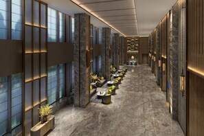 A corridor with seating areas, marble flooring, and large windows. - Guohui Hotel (Minhou Ganzhe) (Minhou)