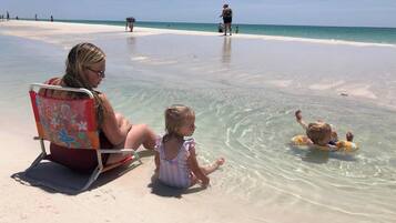 A beach scene with a woman and a child sitting on a beach chair, a child in the water, and another person in the background.