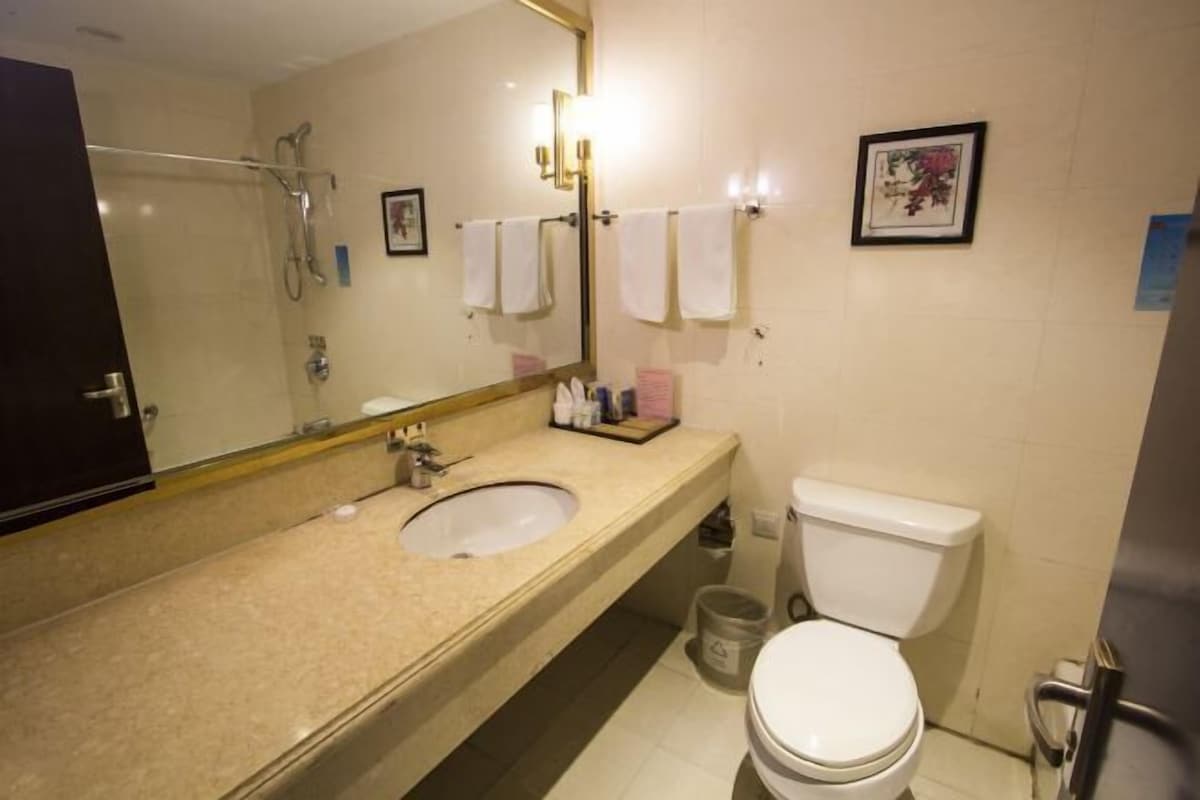 A bathroom with a sink, mirror, towel rack, toilet, and a trash bin.