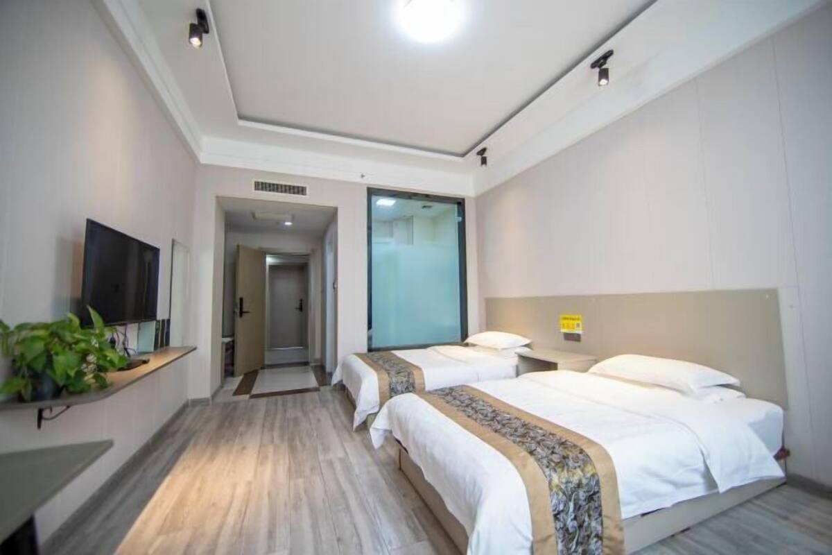 A hotel room with two beds, a flat-screen TV, a plant, and a modern design.