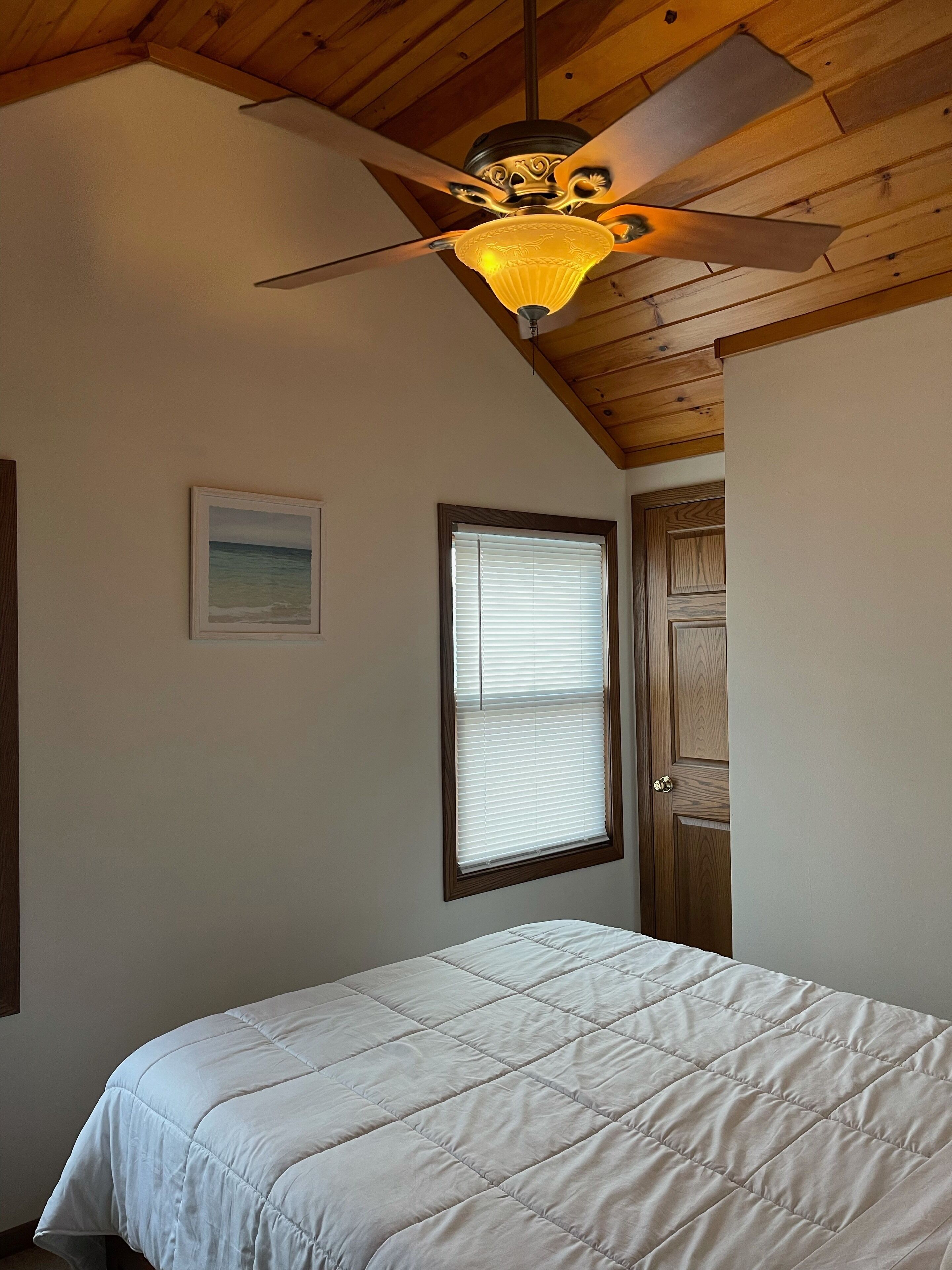A bedroom with a bed, a ceiling fan, a window with blinds, and a door.