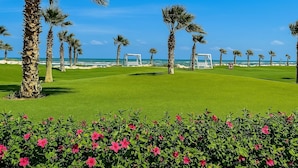 Un parcours de golf bien entretenu, offrant une vue dégagée sur l’océan, et bordé de palmiers et de fleurs roses éclatantes.
