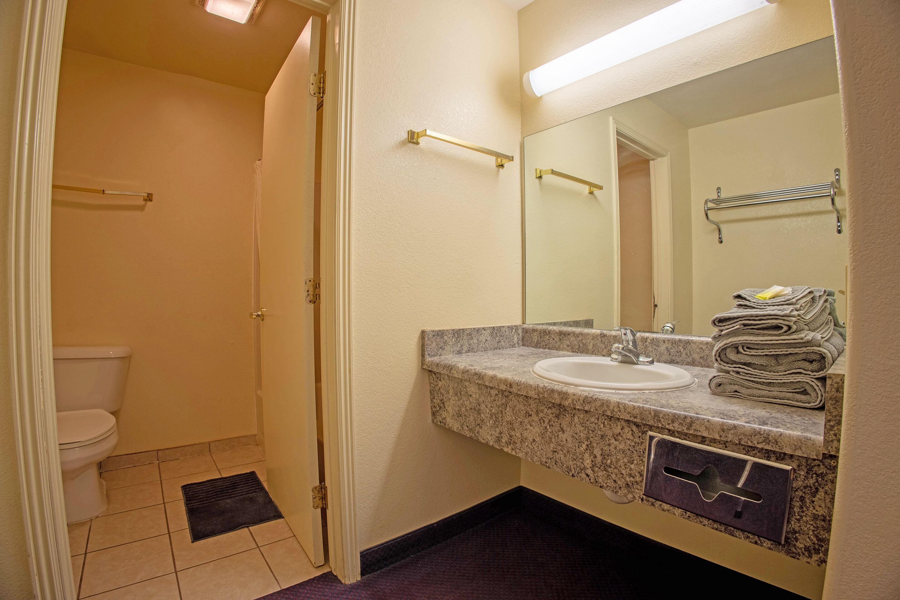 A bathroom with a sink, mirror, towel rack, and toilet.