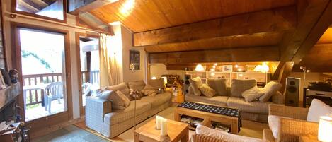 TV, fireplace, books