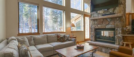 TV, caminetto, libri