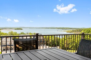 Terraza con vistas a un lago y vegetación circundante.