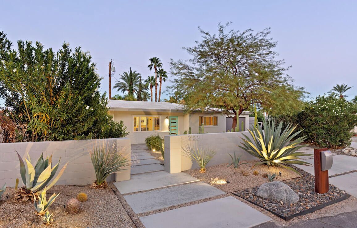A modern house with a concrete pathway leading to the entrance, surrounded by various desert plants and a large tree.