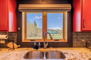 Una cocina con un lavaplatos doble, una ventana que ofrece vistas a un campo verde y árboles, y armarios rojos.