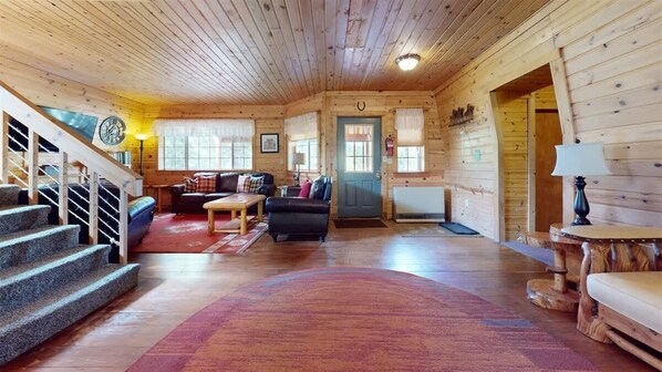 TV, fireplace, books, offices