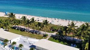 A beach with palm trees, a lifeguard tower, and a view of the ocean. - Modern 3 Bedroom with Ocean Views - 1104 (Miami Beach)