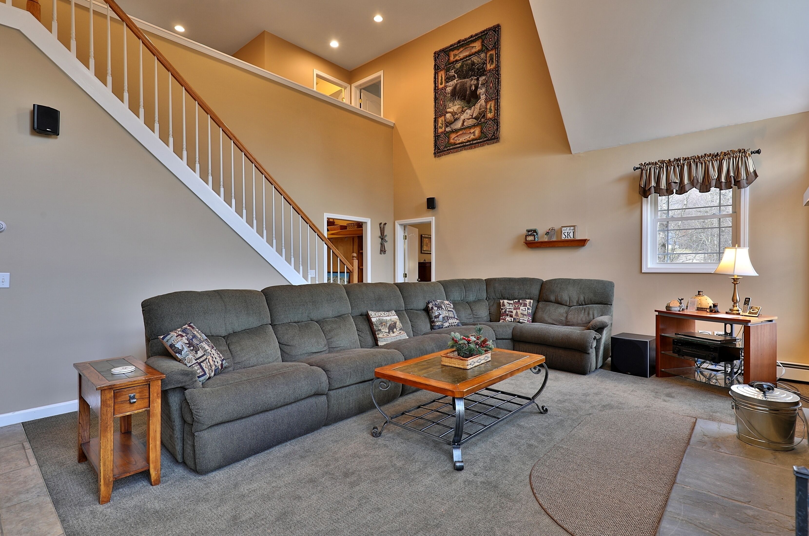 Televisión, chimenea, reproductor de DVD y biblioteca musical 