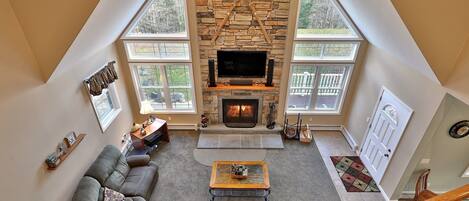 TV, fireplace, DVD player, music library