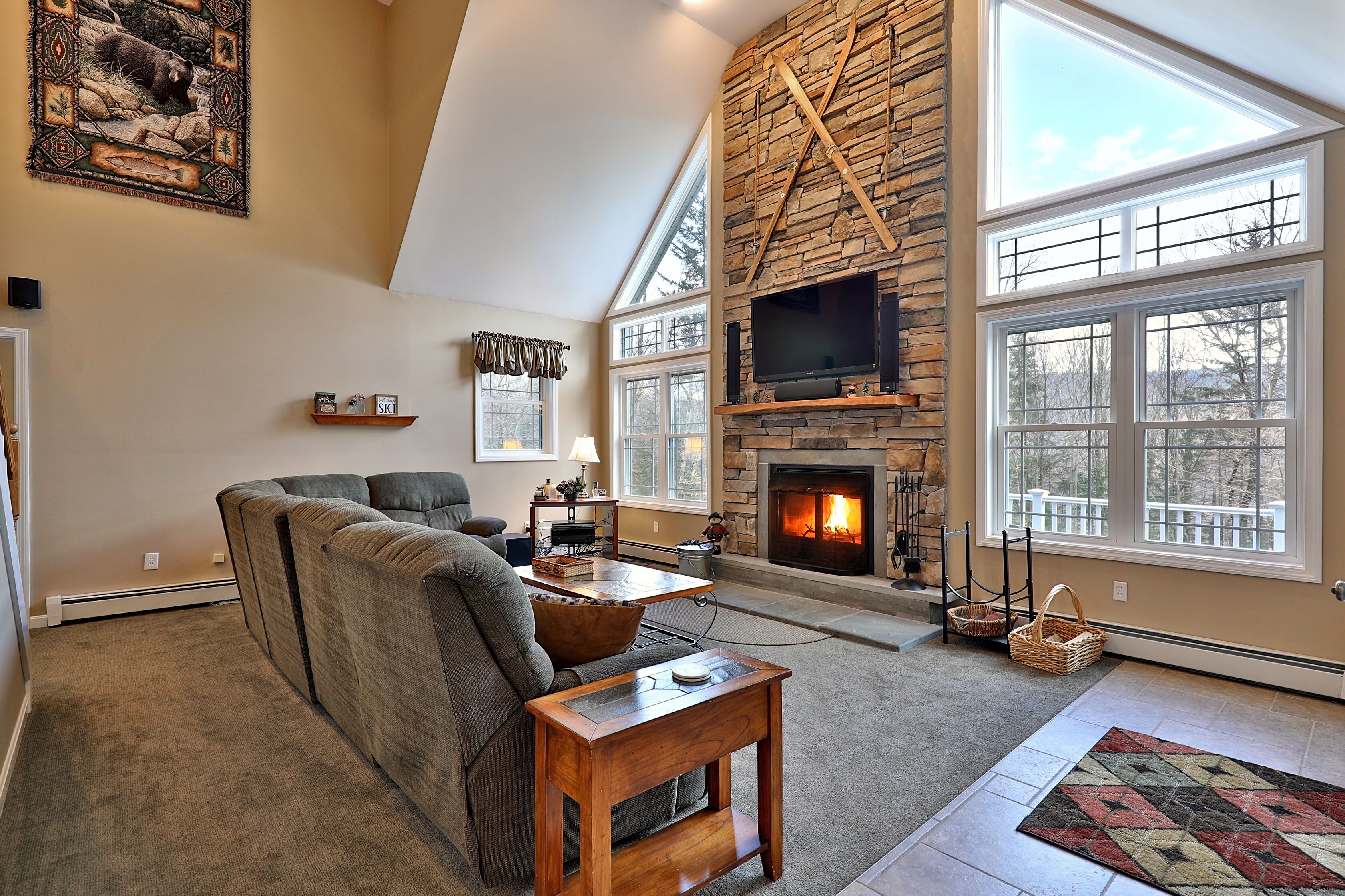 TV, fireplace, DVD player, music library