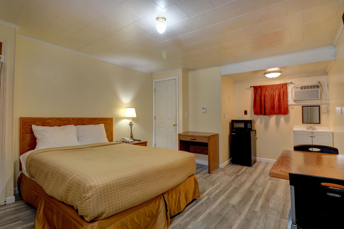 Una camera d'albergo con letto, comodino, lampada, scrivania e angolo cottura.