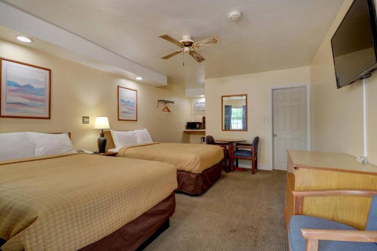 Camera d'albergo con due letti, una scrivania, una sedia, una ventola a soffitto e un televisore.