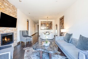 Smart TV, fireplace, music library, video library