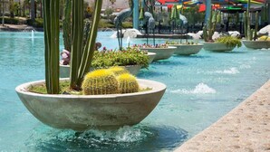 Un espace piscine agrémenté de grands bacs contenant des cactus et des fleurs, d’une fontaine et d’un bâtiment doté d’un toit et de parasols colorés en arrière-plan.