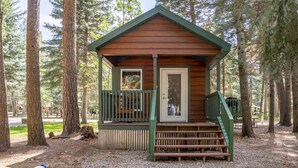 A small cabin with a porch, surrounded by tall trees. - The Blue Devil Cabin #5 (Bayfield)