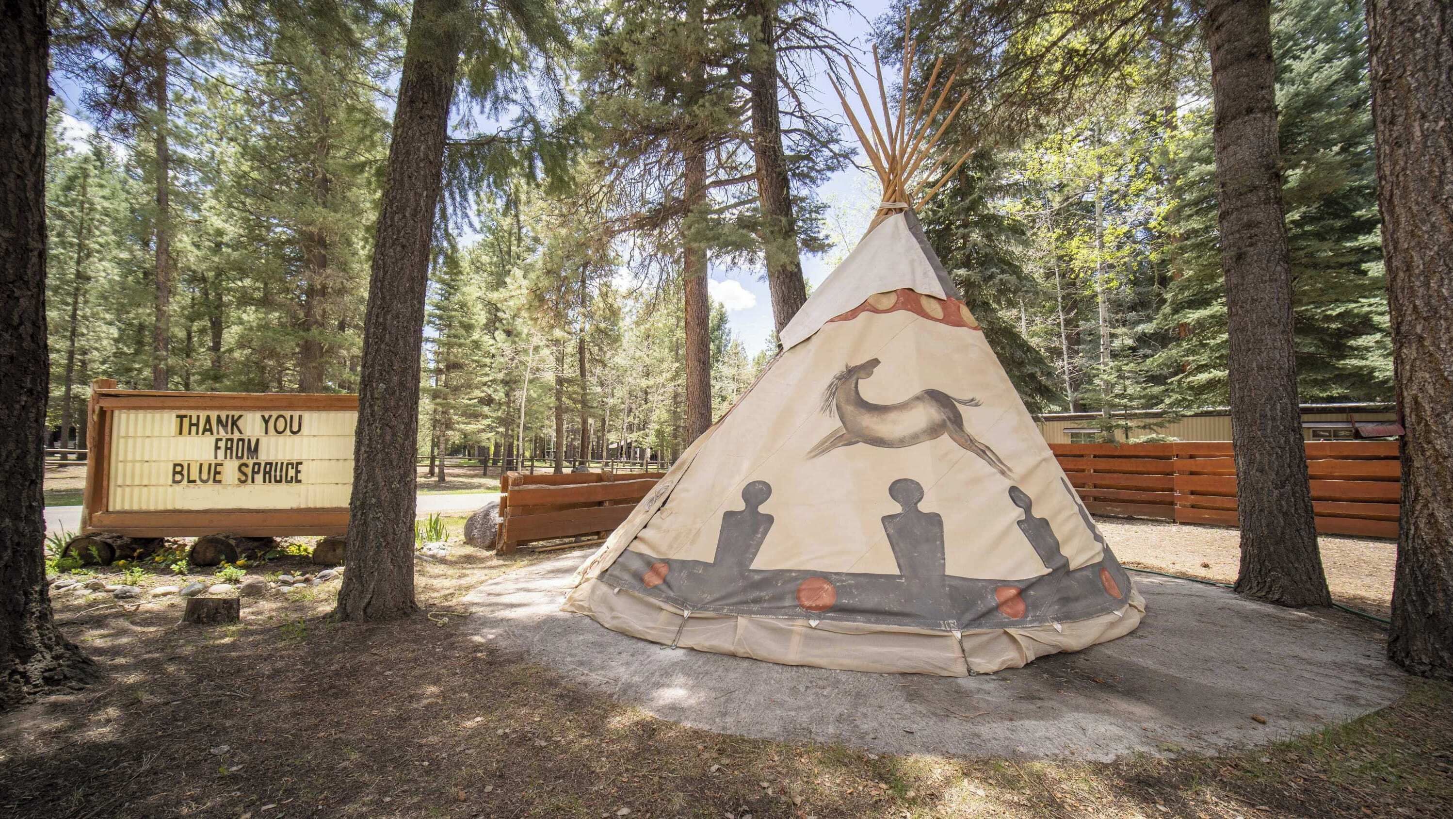 A teepee with a horse design, surrounded by trees, and a sign that reads "THANK YOU FROM BLUE SPRUCE".