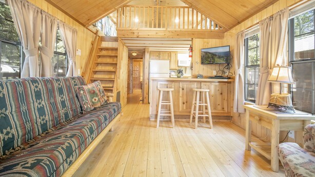 Un intérieur de chalet chaleureux avec un plancher en bois, un canapé agrémenté de coussins à motifs, un coin cuisine avec un réfrigérateur et un téléviseur fixé au-dessus du comptoir.
