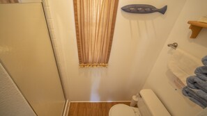 Shower, hair dryer, towels, shampoo