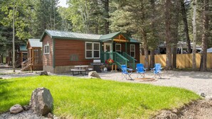 A wooden cabin with a green roof, a deck, and a barbecue area. - The Fox Den Cabin #14 (Bayfield)