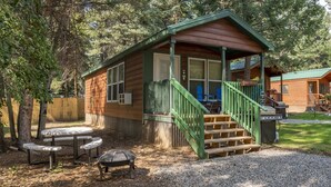 A wooden cabin with a porch, a grill, and a picnic table. - The Shooting Star Cabin #11 (Bayfield)