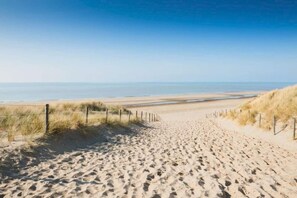 A sandy beach path leading to the ocean, bordered by grass and wooden fences.