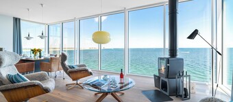 Villa with the most beautiful sea view, largest panoramic glass front in Olpenitz and sauna