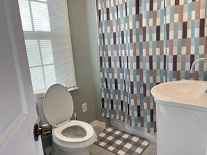 Tina con regadera, secadora de cabello, toallas, jabón 