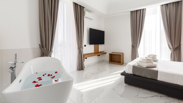 Una habitación de hotel moderna con una bañera, una cama y un televisor.