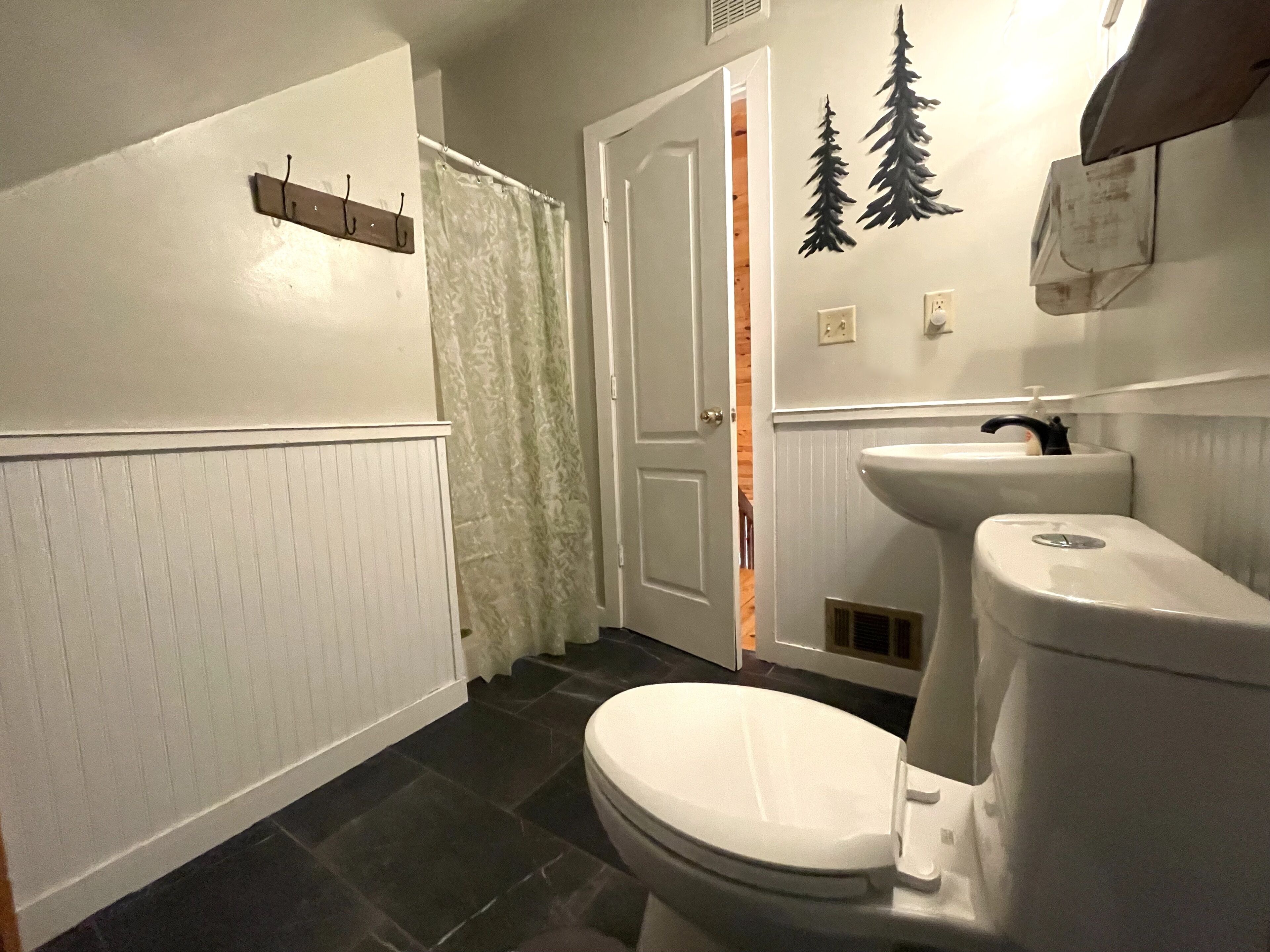 A bathroom with a toilet, a sink, and a shower curtain.