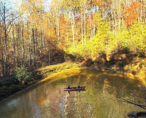 Un río tranquilo rodeado de árboles otoñales.