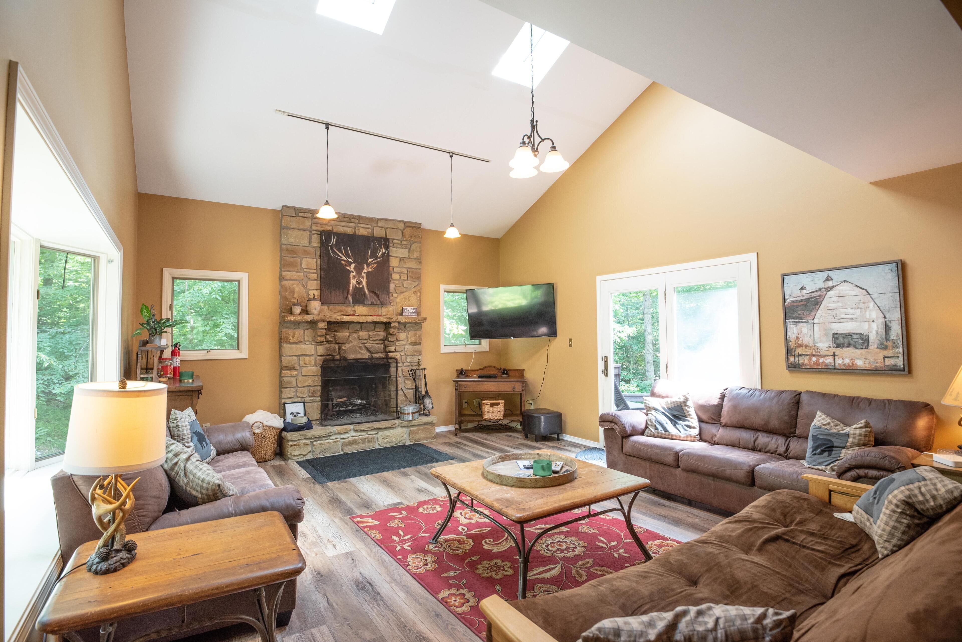 Televisión, chimenea, reproductor de DVD y futbolito 