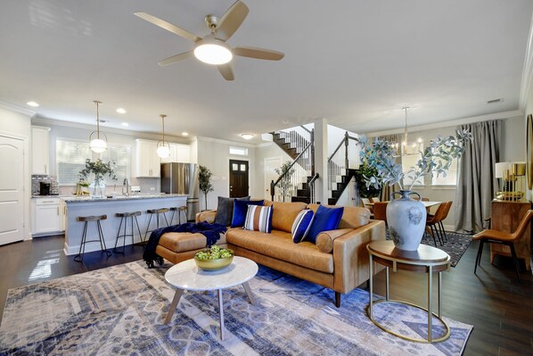 Smart TV, fireplace, books