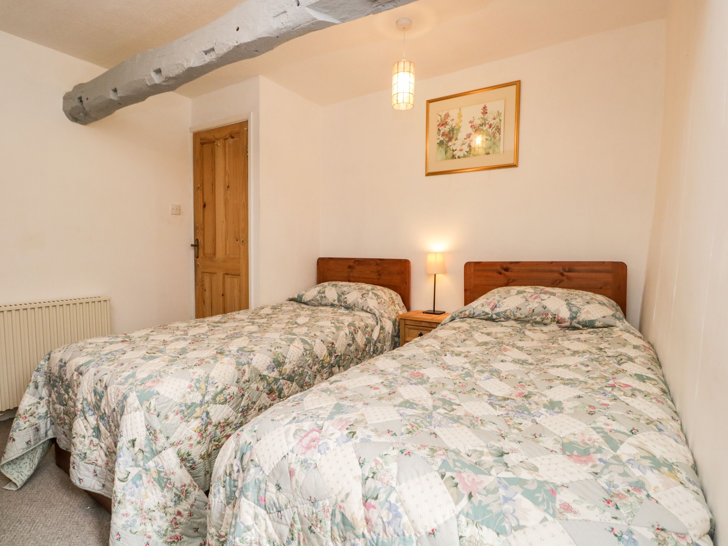 A bedroom with two single beds, a wooden door, a radiator, a framed picture on the wall, and a hanging light fixture.