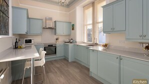 A kitchen with light blue cabinets, a white countertop, a stainless steel range hood, a microwave, a toaster, and a window with blinds. - Seascape - 3 Bedrooms (North Berwick)