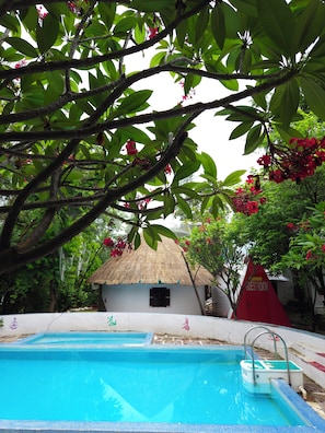 A swimming pool with a thatched-roof hut labeled 'GUESTROOM' in the background.